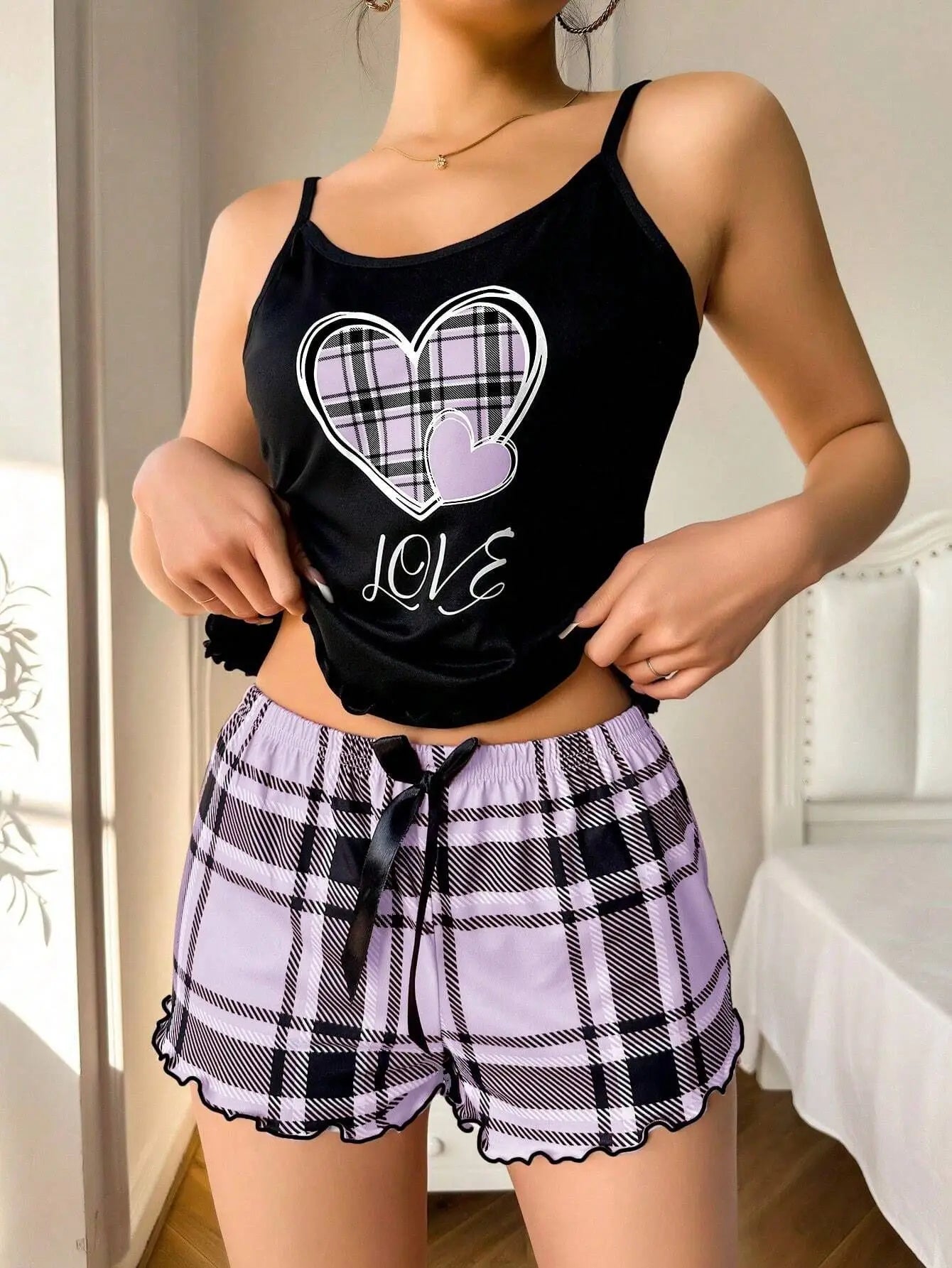Women Sexy Suspender Shorts Thin Pajamas Letter Print Plaid Shorts Large Pajamas Romantic Home Wear Sexy Nightwear Short Pajama - The Genie Store