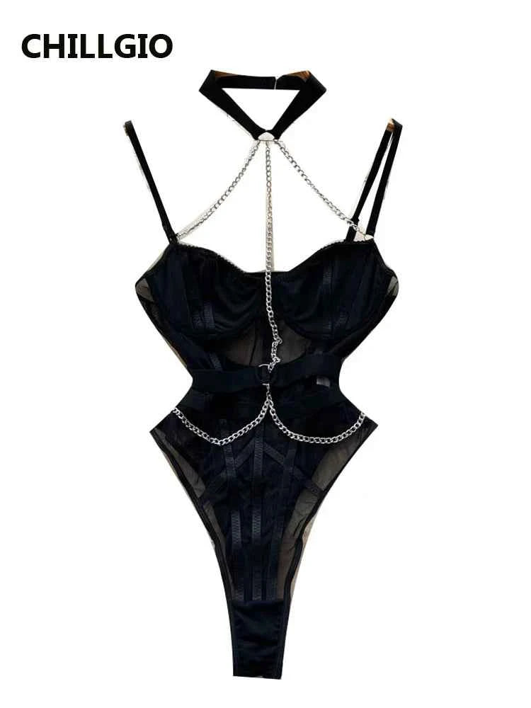 CHILLGIO Sexy Women Chain Strappy Bodysuits Fashion Chic Streetwear Catsuit Combination Lingerie Halter Mesh Combination Rompers - The Genie Store