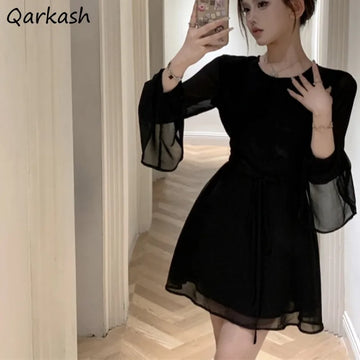 Solid Dresses Women Mini Retro Summer Spicy Ladies Backless Lace-up Sexy Designed Long Sleeve Korean Style Elegant Vintage Ins - The Genie Store