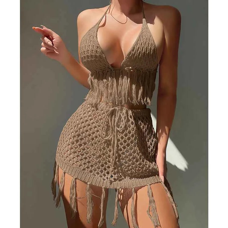 Two-piece Crochet Teens Women Sexy Bikini Cover Up Set Binding Rope Tassel Swimsuit Summer Holiday Knitting Beach Wear