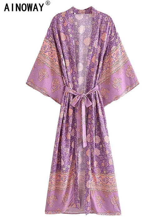 Vintage Chic Women Pink Floral Print Sashes Bohemian Kimono Ladies V Neck Batwing Sleeves Rayon Boho Robe Bikini Cover-ups