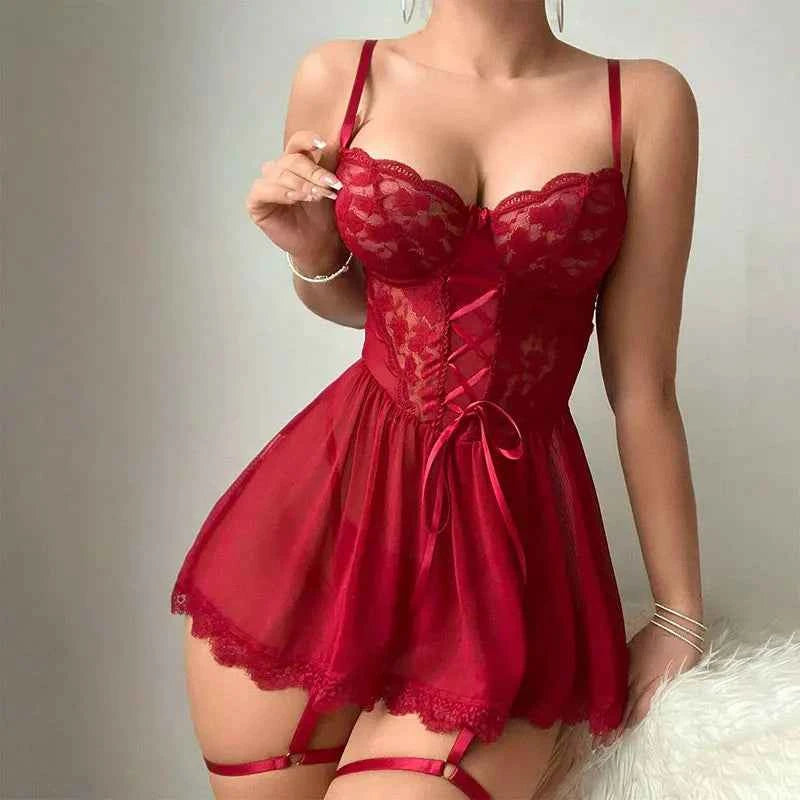 Garter Pajamas Exquisite Hot Women's Lingerie Fancy Bra With Thong Leg Rings Erotic Nightgowns Plus Size Underwear Sleepwear Set