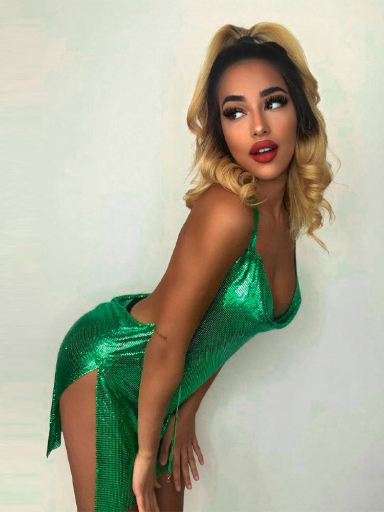 Sexy and Fashionable Women's Elegant Short Dress with Hanging Neck Backless Bottom Chest Sequin Party Girl Dance Dress - The Genie Store