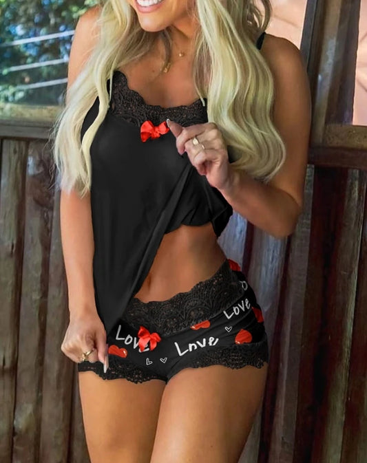 Two Piece Valentine's Day Heart Print Pajama Set with Lace Cami Top & Shorts 2025