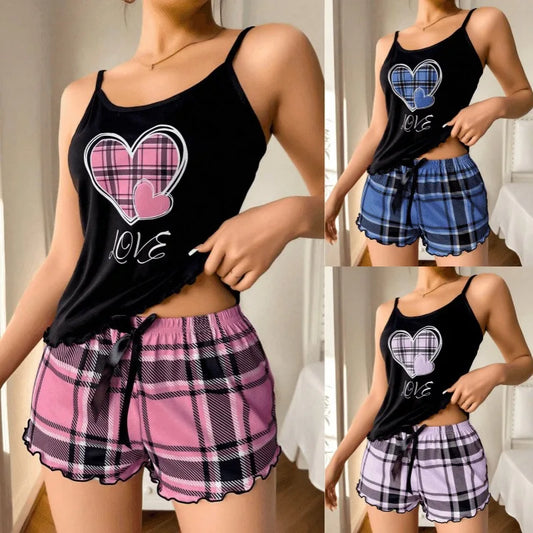Women Sexy Suspender Shorts - Thin Pajamas with Letter Print and Plaid Design for Romantic Home Wear and Nightwear