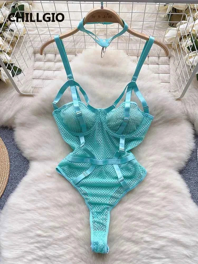 CHILLGIO Women Sexy Erotic Lace Strappy Rompers Lingerie Fashion Elastic Slim Bodysuits Solid Catsuits One Piece Tight Onesie - The Genie Store
