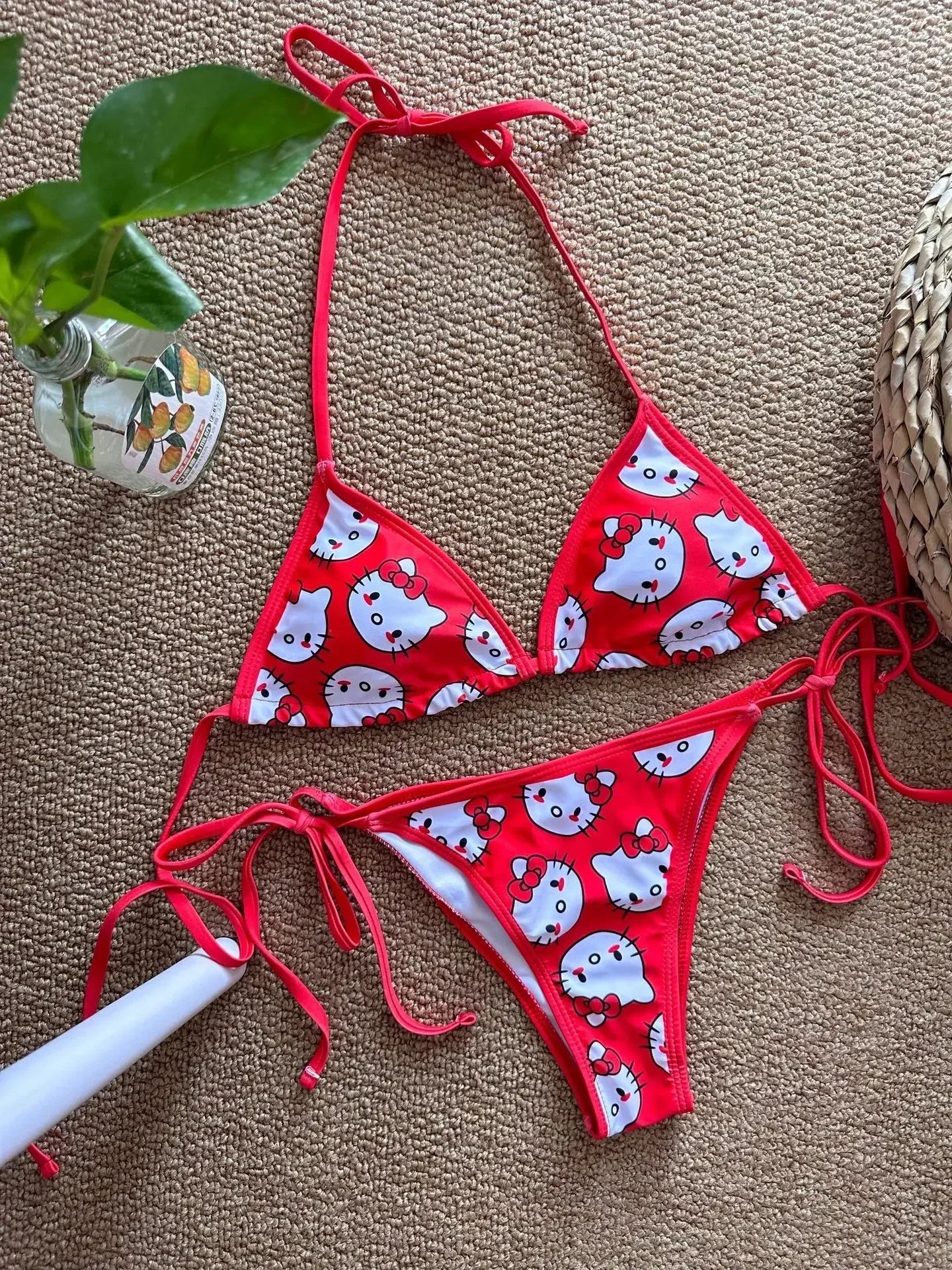 Hello kitty Cute Sexy Bikinis Set Print Bikini Swimsuit Women Swimwear Beachwear Lingerie Girls Elasticity Slips on Vacation - The Genie Store