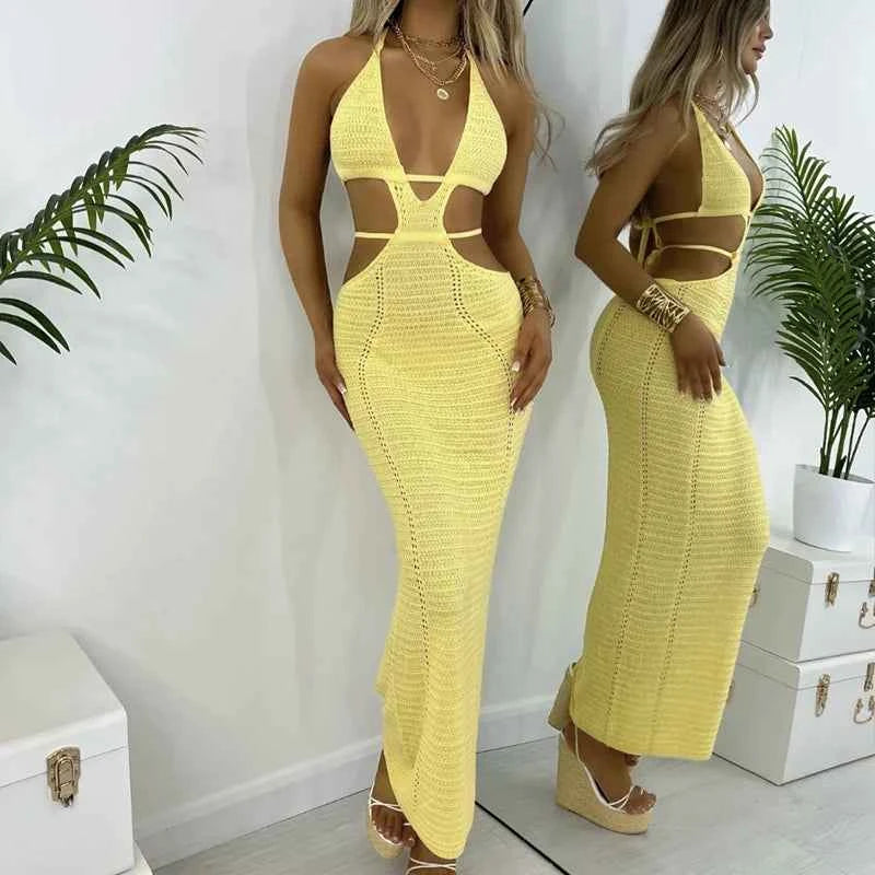 Sexy Style Hollow Out Backless Tie Up Dress Women Beach Vacation Beachwear Cover Up Knitting Sun Bathing Sunscreen Long Dress