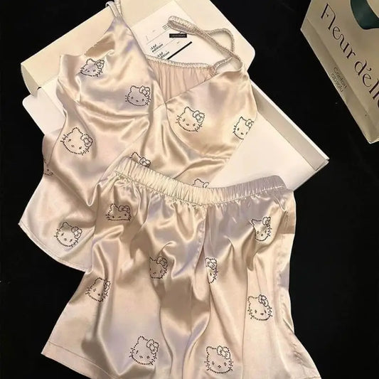Sanrio Hello Kitty Pajamas Summer Cute Ice Silk Suspenders Shorts Suit Casual Breathable Cartoon Gift
