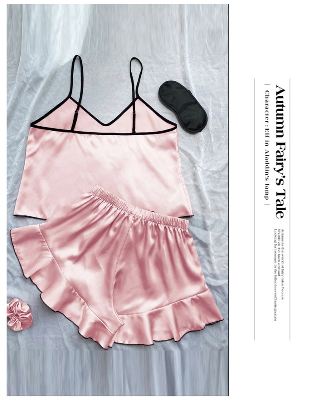 Women's Smooth Satin Pajamas V-Neck T-Shirt Ruffled Edges And Bow Shorts Simple And Breathable Pajama Set Sling Home Clothing - The Genie Store