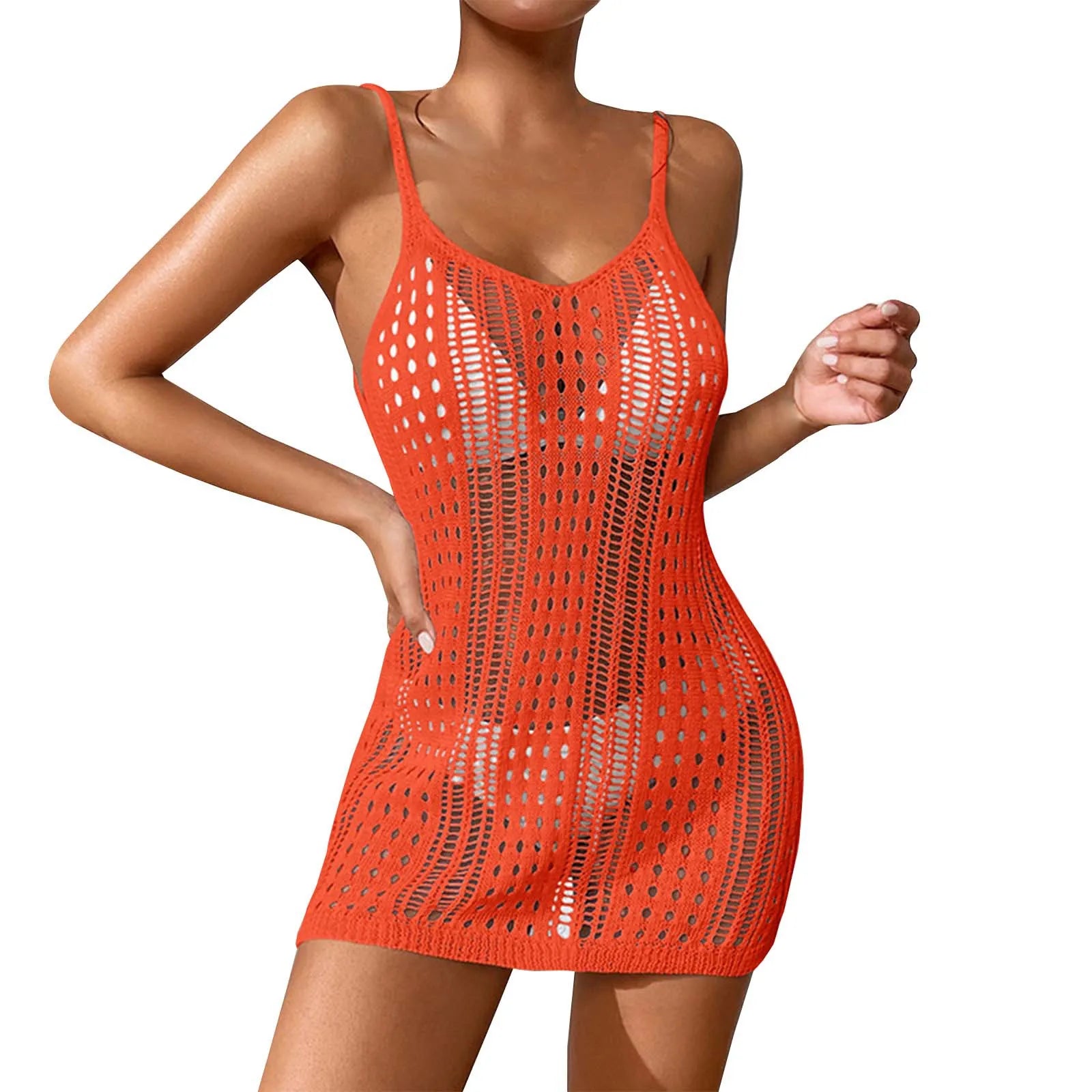 Women'S Sexy Sheer Knit Textured Crochet Overlay Spaghetti Strap Short Dress Beach Cover Women S Swim Cover Ups Halter Cover Up - The Genie Store