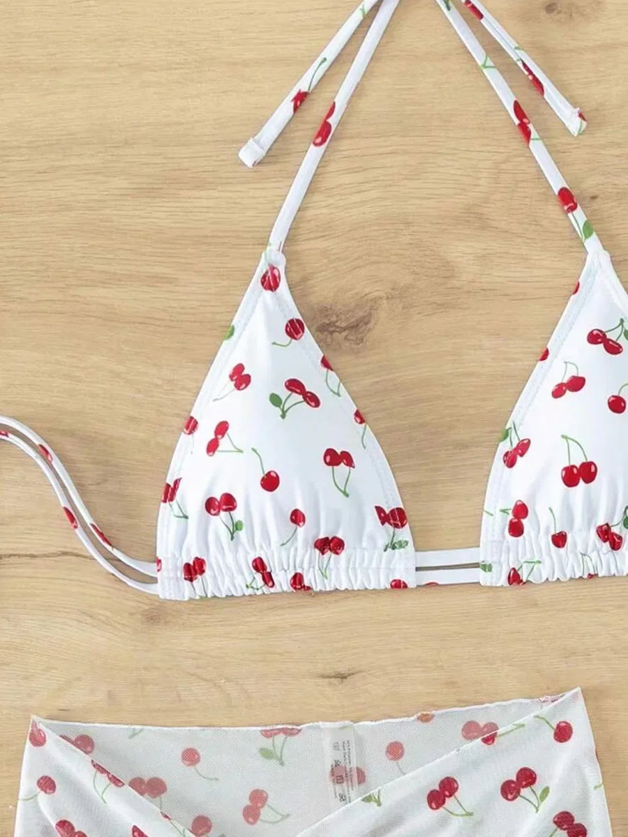 With Mesh Sarong Skirt Cherry Printed Bikini Female Swimsuit Women Swimwear Three Pieces Bikini Set Bathing Suit Swim Beachwear - The Genie Store
