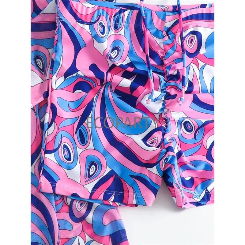 Women's Fashion Draw Rope Swimsuit Print High Waist Long Sleeve Smock Split Three Piece Bikini Set Swimwear - The Genie Store