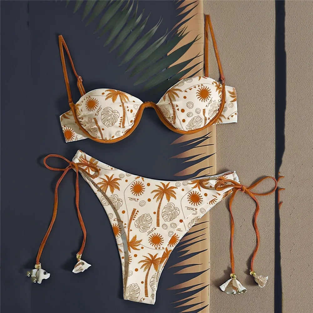 Sun Leaf Print String Shell Bikinis Sets De Mujer 2025 Push Up Sexy Swimsuit Women Summer Bathing Suit Brazilian Biquini Bikini - The Genie Store