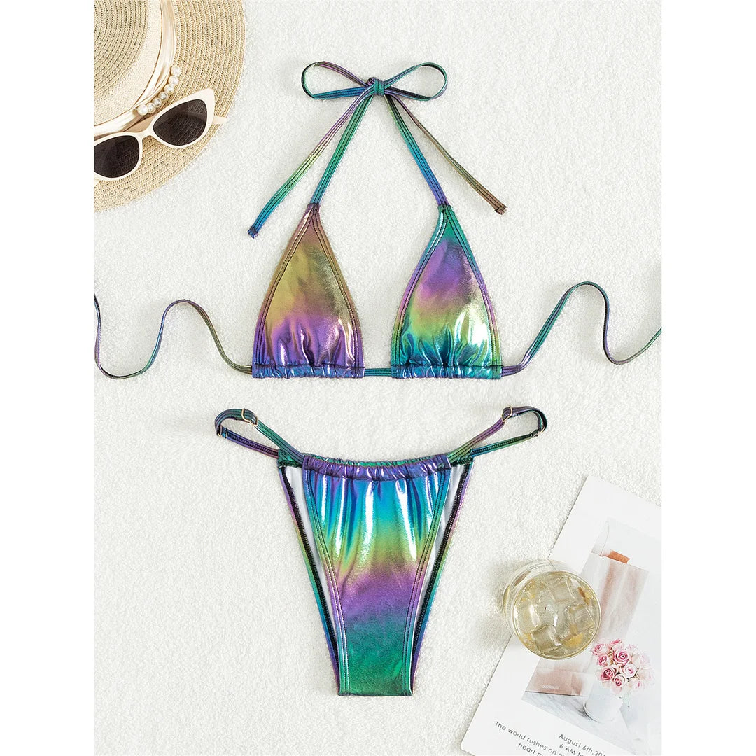 XS - L PU Faux Leather Halter High Leg Cut Bikini Female Swimsuit Women Swimwear Two-pieces Bikini set Bather Bathing Suit V5308 - The Genie Store