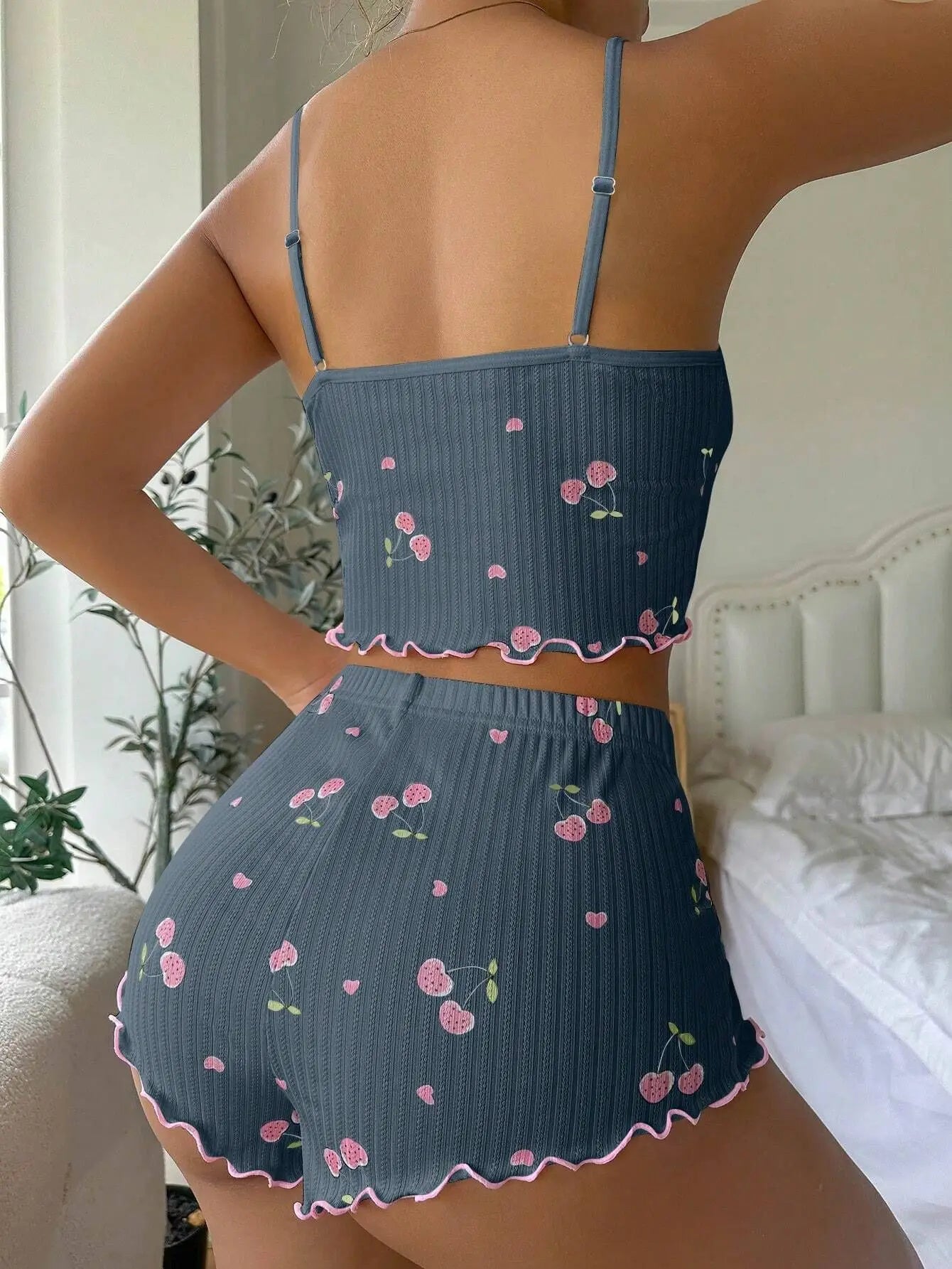 Sleepwear Women's Summer Pajama Set Heart Print Sexy Ribbed Bow Decor Round Neck Backless Crop Cami Top & Shorts Nightwear New - The Genie Store