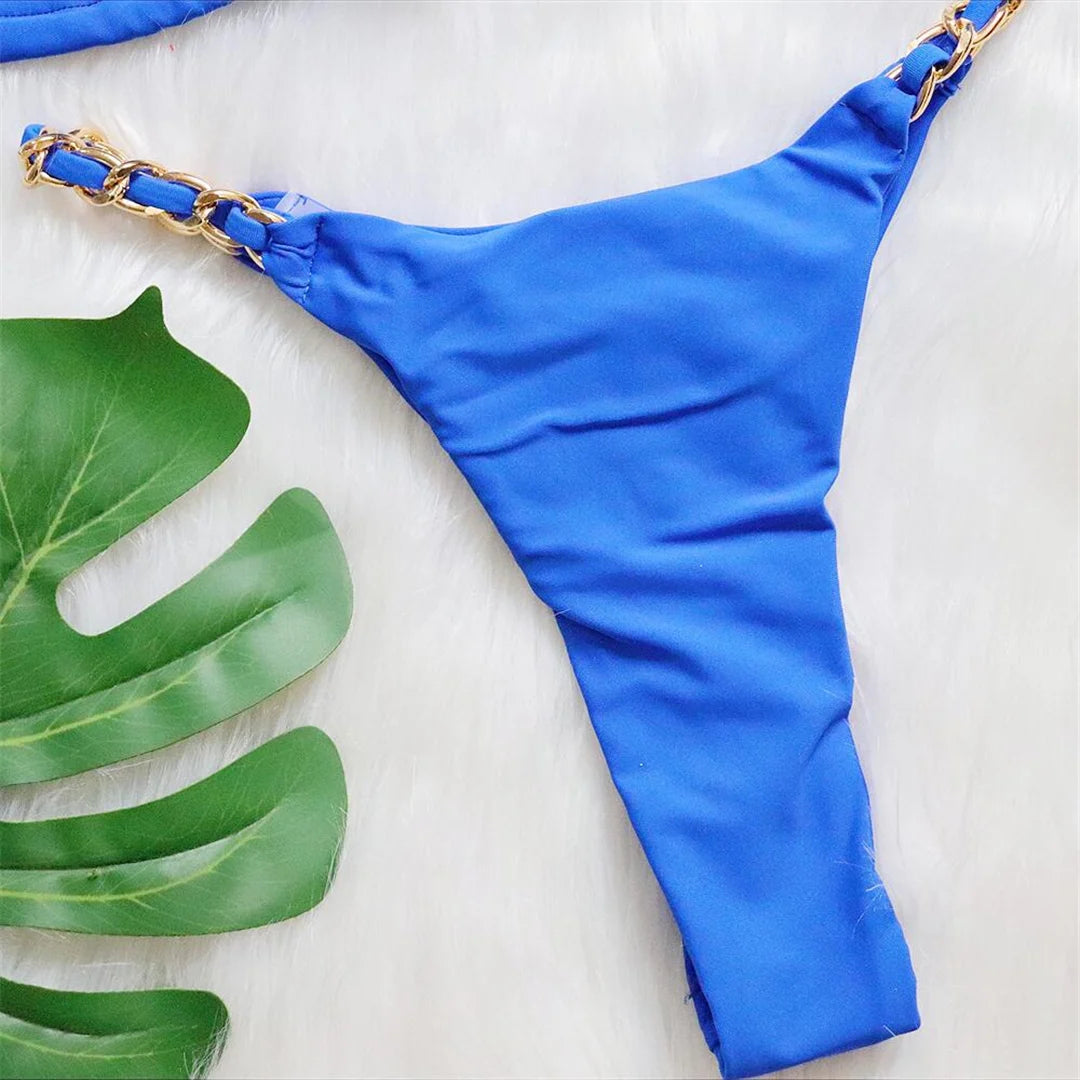 Metal Ring Halter Scrunch Butt Thong Bikini Women Swimwear Female Swimsuit Two-pieces Bikini set Bather Bathing Suit Swim V4391 - The Genie Store