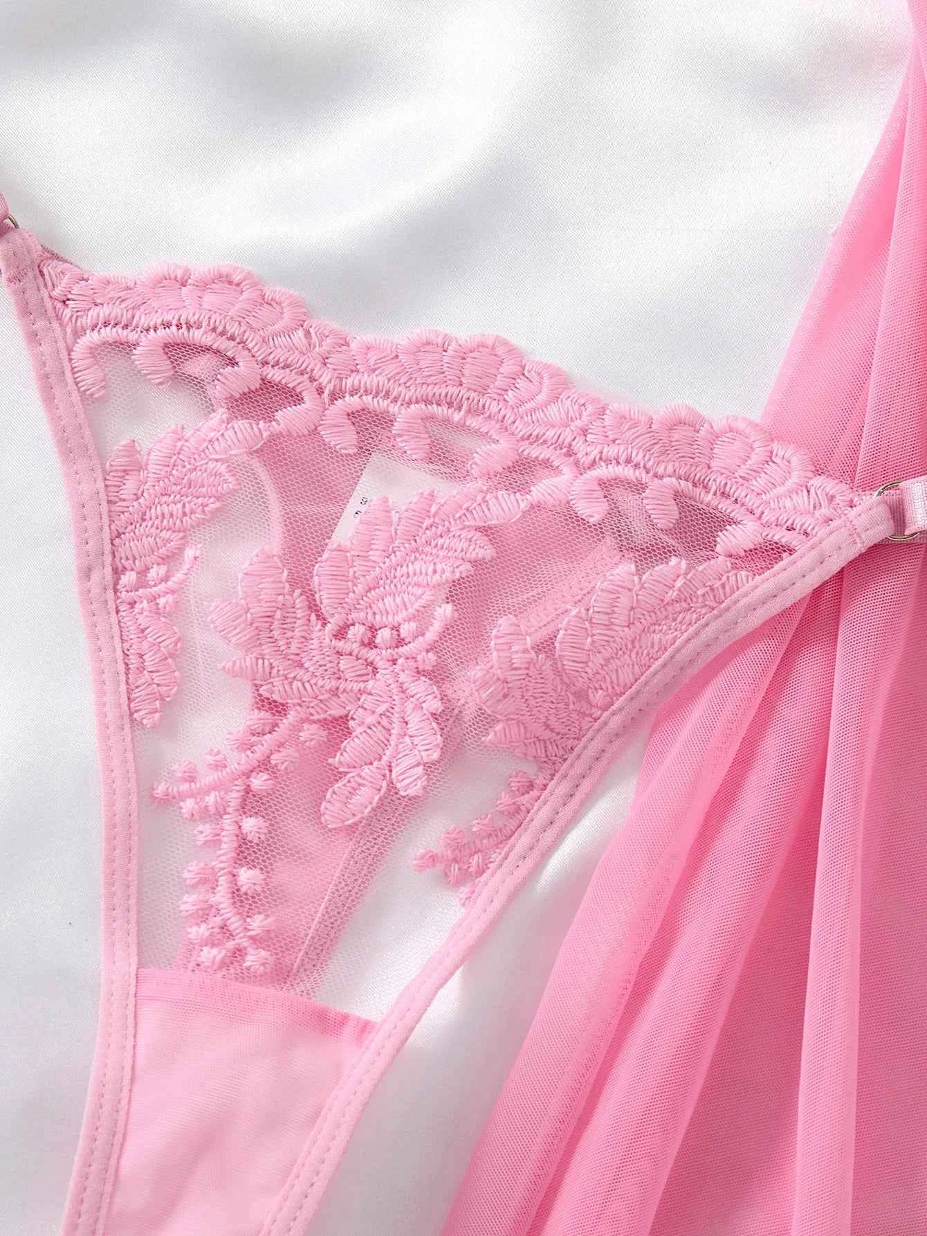 Ladies' wine red countryside style wheat ear embroidery semi transparent nightgown, elegant and comfortable, bow design