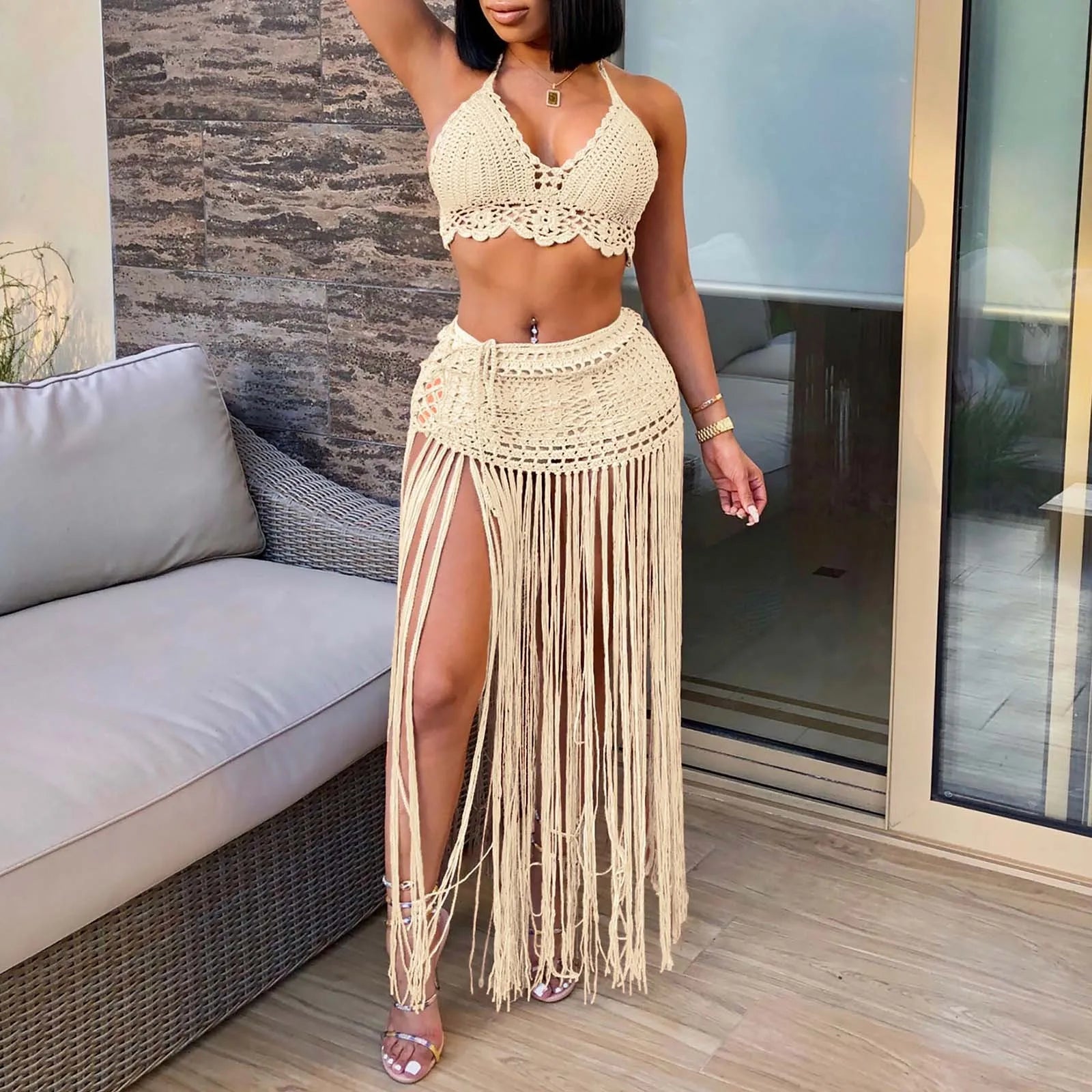 Women'S Two Piece Swimsuit Beach Cover Up Fashion Solid Colour Knitted High Waist Tassel Long Skirt Swimsuit Cover Up Bikini - The Genie Store