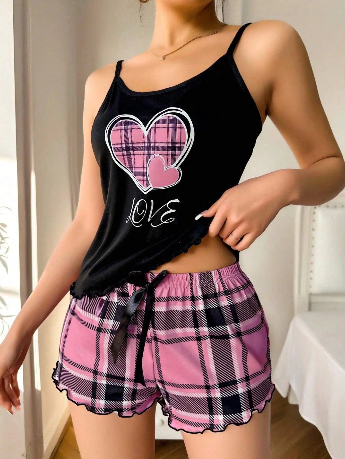 Women Sexy Suspender Shorts Thin Pajamas Letter Print Plaid Shorts Large Pajamas Romantic Home Wear Sexy Nightwear Short Pajama - The Genie Store