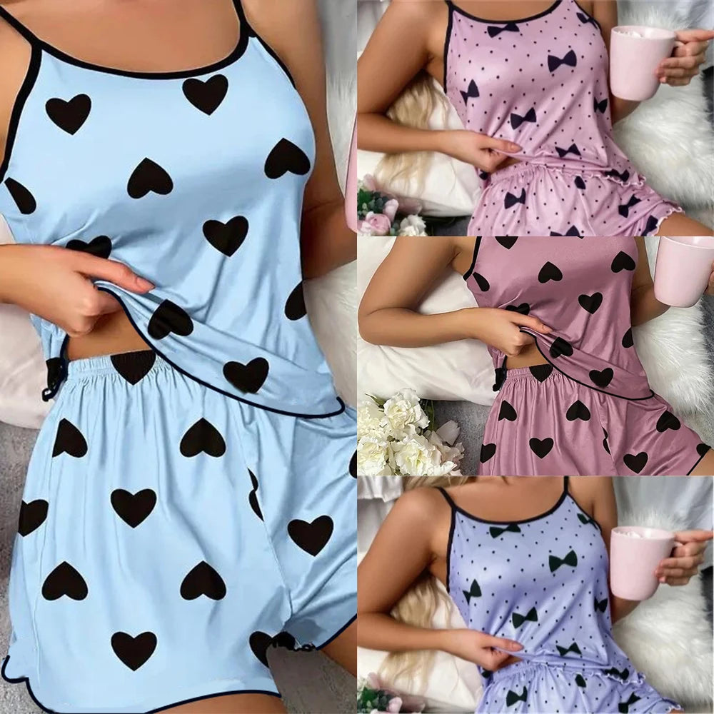 Women's Pajama Set Pajamas T-Shirts Shorts Pink Heart-Shaped Print Round Neck T-Shirt Ice Silk Top Comfortable Casual Summer ﻿ - The Genie Store