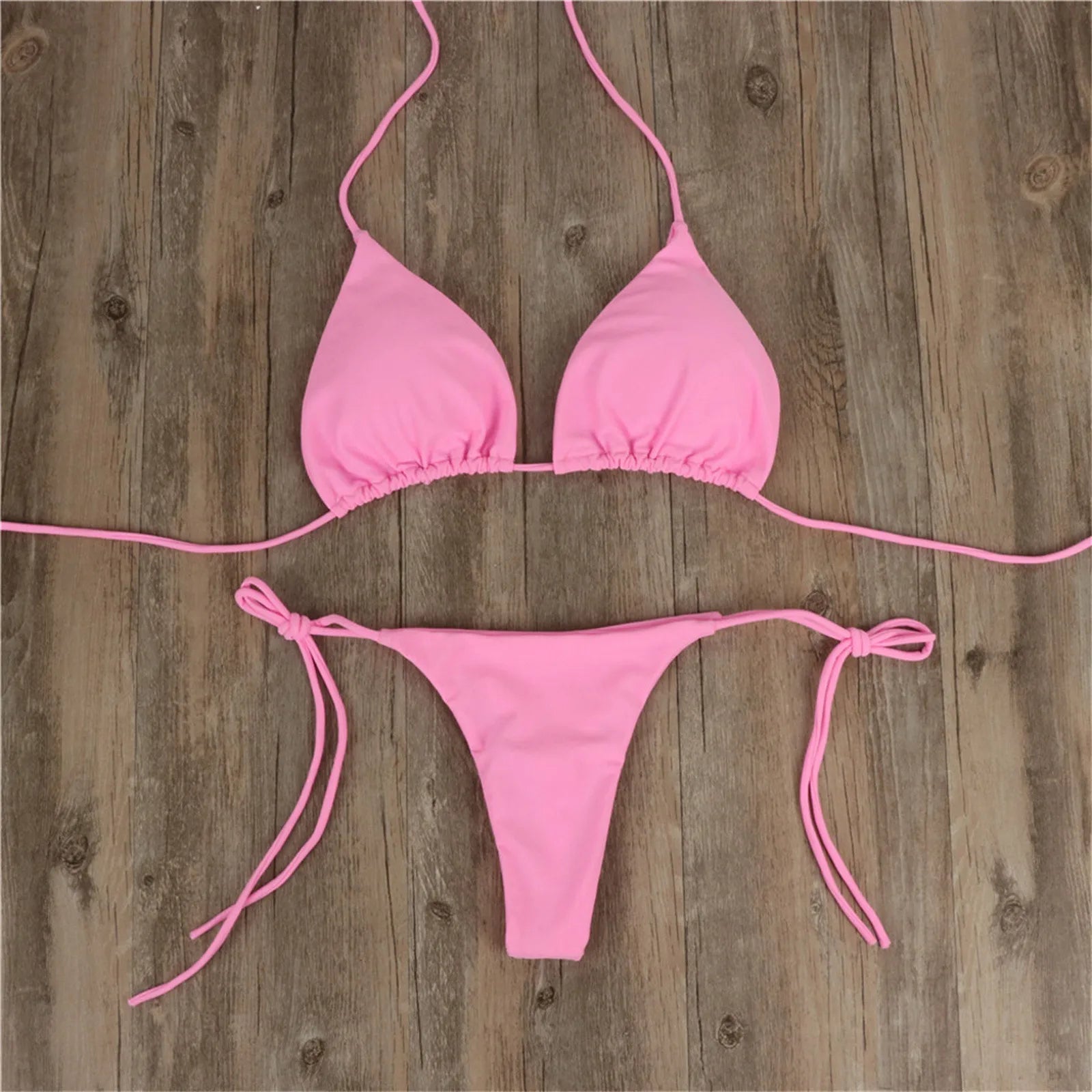 Women Bandage Sexy Bikini Set 2pcs Pink Swimsuit Sexy Push Upbra Thong Brazilian Swimwear Summer Solid Beachwear For Women - The Genie Store