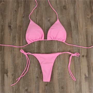 Women Bandage Sexy Bikini Set 2pcs Pink Swimsuit Sexy Push Upbra Thong Brazilian Swimwear Summer Solid Beachwear For Women - The Genie Store