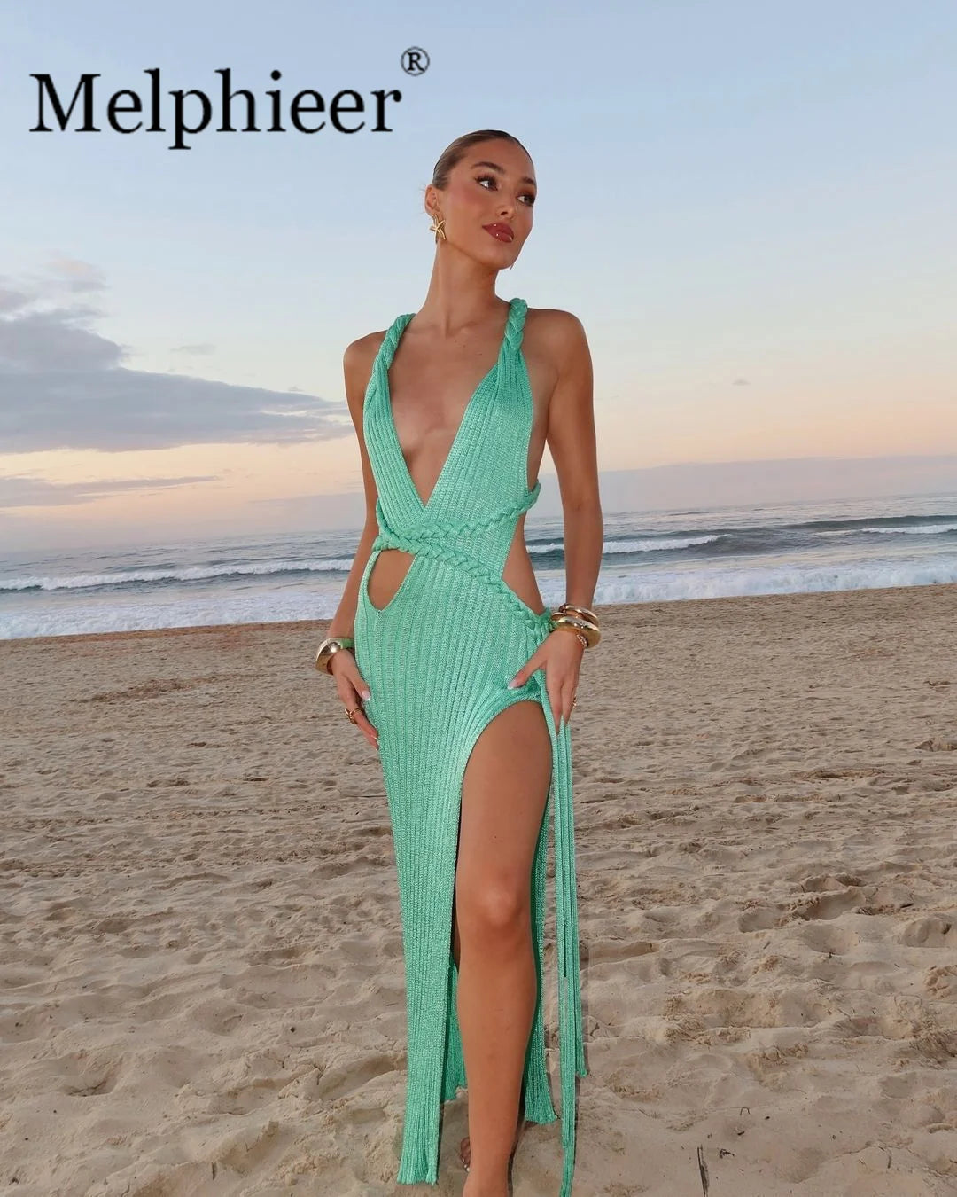 Sexy Knit Hollow Long Dress Women Green Textured V-neck High Slit Backless Dresses Female 2025 Summer Lady Beach Club Robes New - The Genie Store