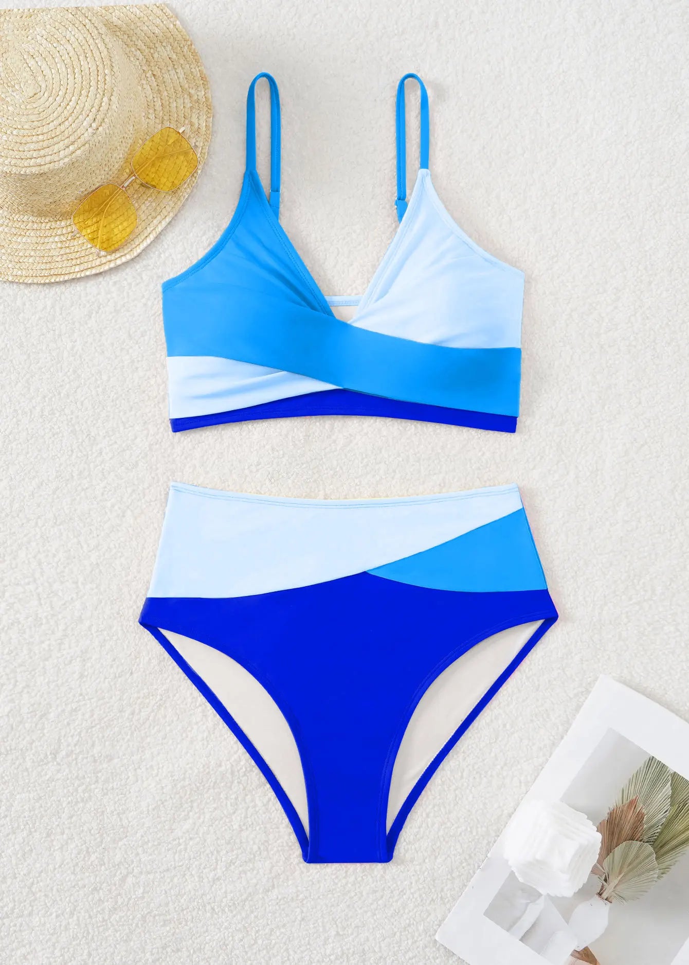 Women's Rose Red Patchwork High-Waist V-Neck Bikini Set - The Genie Store