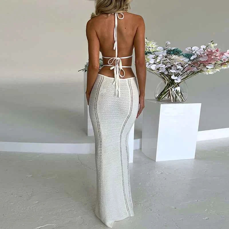Sexy Style Hollow Out Backless Tie Up Dress Women Beach Vacation Beachwear Cover Up Knitting Sun Bathing Sunscreen Long Dress