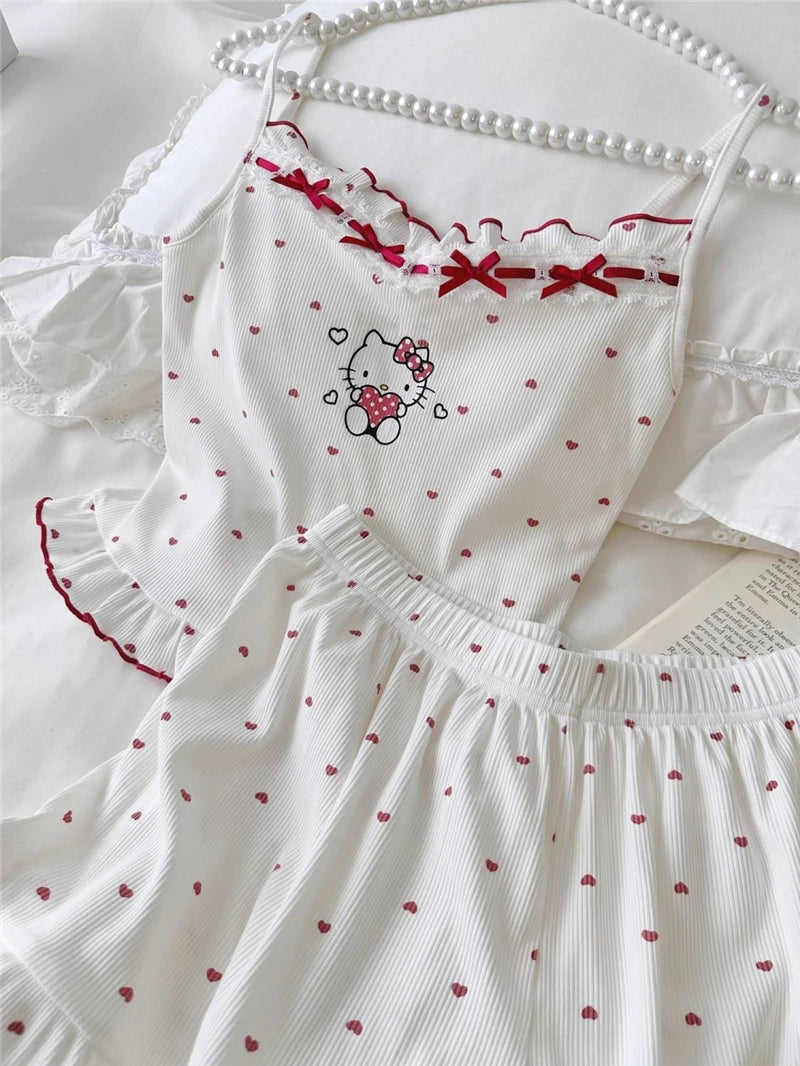 Women's Pajamas Hello Kitty Comfort Vest And Shorts Set Anime Cute Girl Casual  Summer Suspender Shorts  Set - The Genie Store