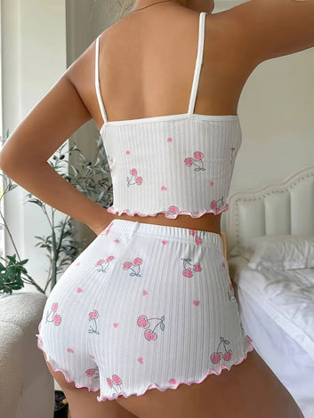 Sleepwear Women's Summer Pajama Set with Heart Print, Sexy Ribbed Bow Decor, Round Neck Backless Crop Cami Top & Shorts Nightwear