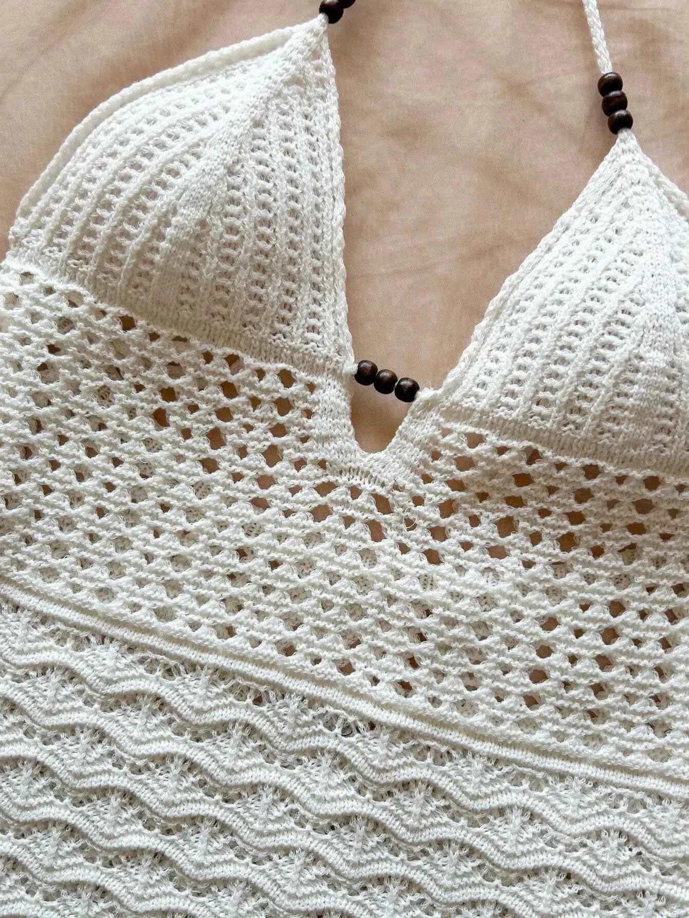 Soleia Summer Sexy V-Neck Hollow-Out Wooden Beads Fitted Dress, Vacation Spaghetti Strap Backless Ombre Knitted Dress, Suitable