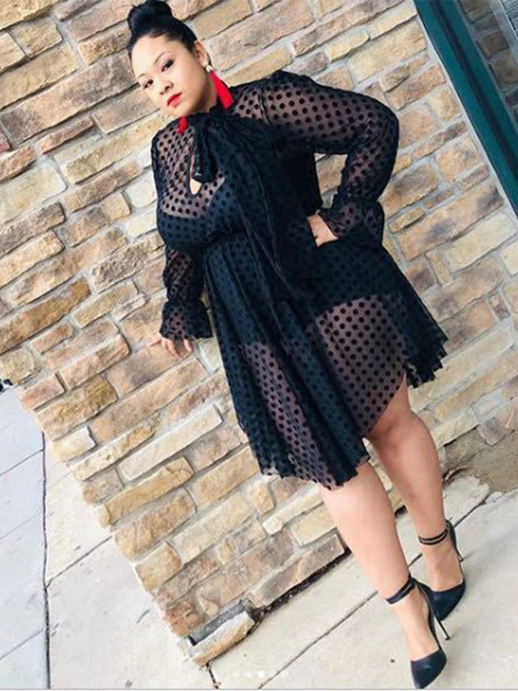 Lace Dress Women Sexy Plus Size Clothing Long Sleeve Mesh Dress with Lingerie Strap Black Midi Dress Wholesale Dropshipping - The Genie Store