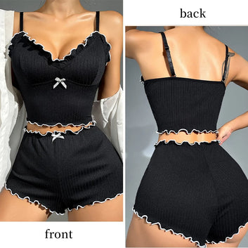 Ladies Summer Pajama Set - Two-Piece Ribbed Fabric Black V-Neck Camisole Crop Top and Shorts