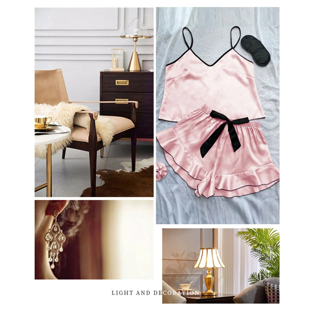 Women's Smooth Satin Pajamas V-Neck T-Shirt Ruffled Edges And Bow Shorts Simple And Breathable Pajama Set Sling Home Clothing - The Genie Store