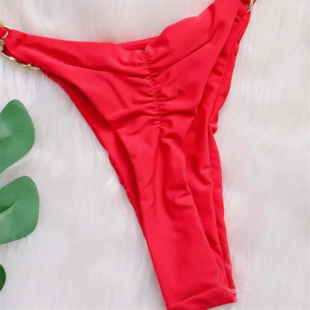 Metal Ring Halter Scrunch Butt Thong Bikini Women Swimwear Female Swimsuit Two-pieces Bikini set Bather Bathing Suit Swim V4391 - The Genie Store