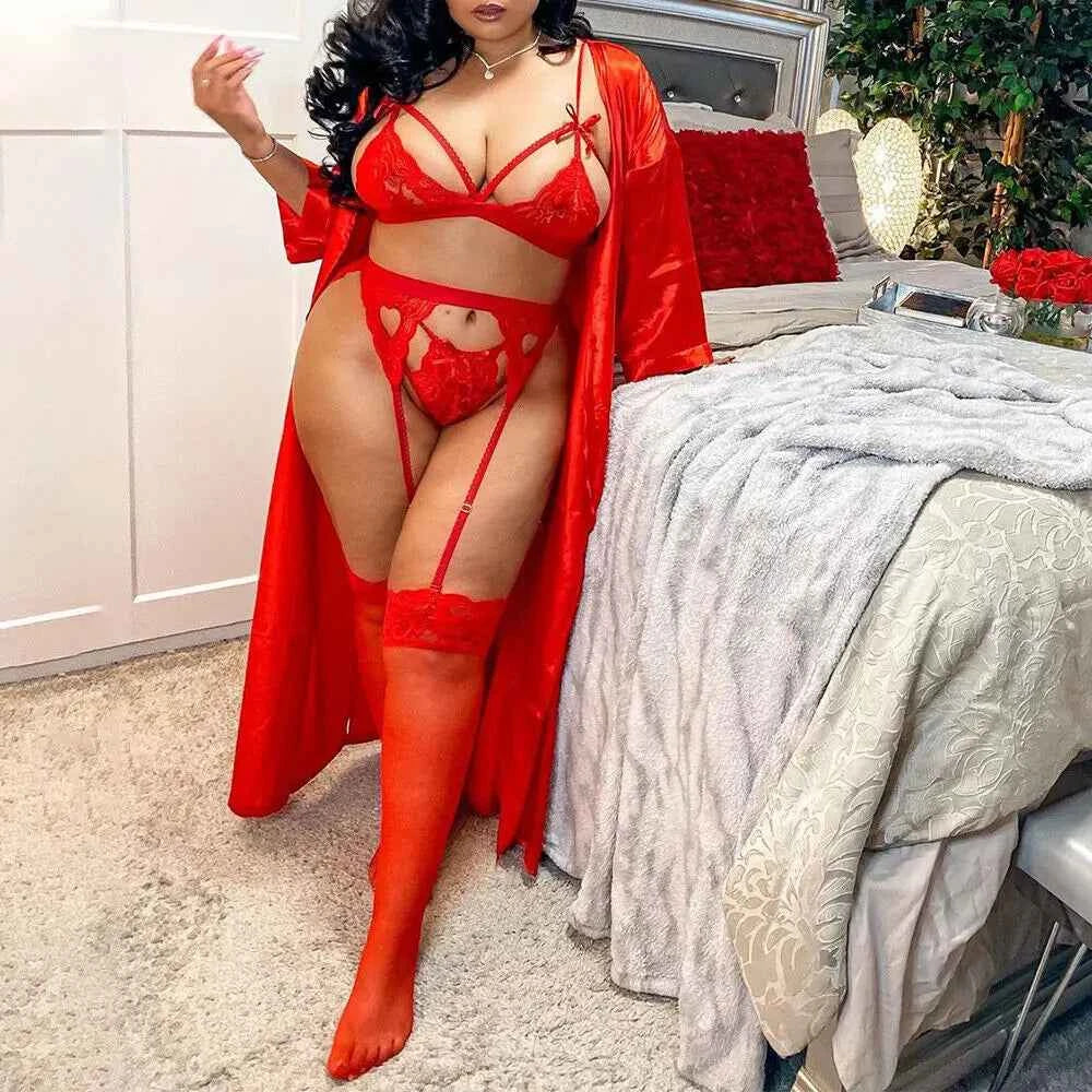 Sexy Women's Lingerie Lace Bra G-String Garter Belt Thong Set Underwear Clothing Plus Size - The Genie Store