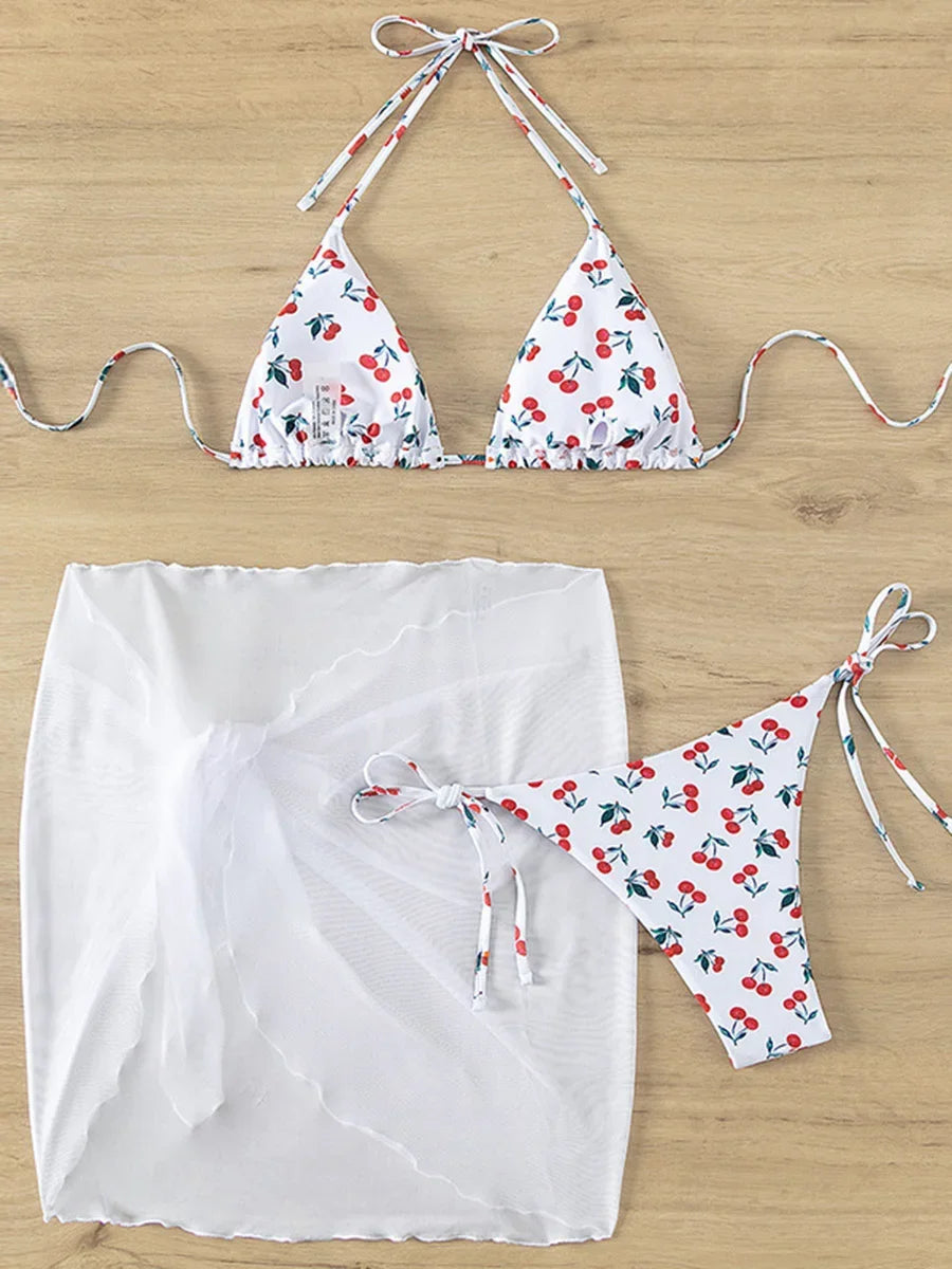 With Mesh Sarong Skirt Cherry Printed Bikini Female Swimsuit Women Swimwear Three Pieces Bikini Set Bathing Suit Swim Beachwear - The Genie Store