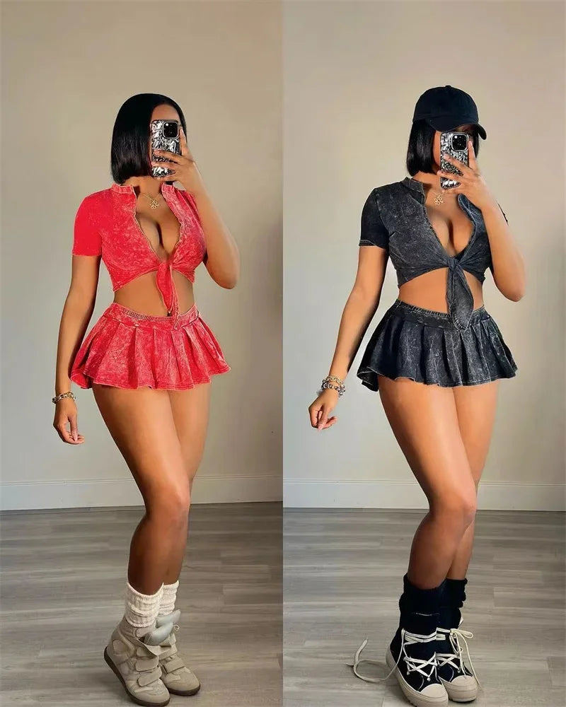 Streetwear Party Club Co Ord Sets for Women 2 Piece Set Outfit Summer Lace-up Crop Top and Mini Skirt Sets Conjuntos Para Vestir - The Genie Store
