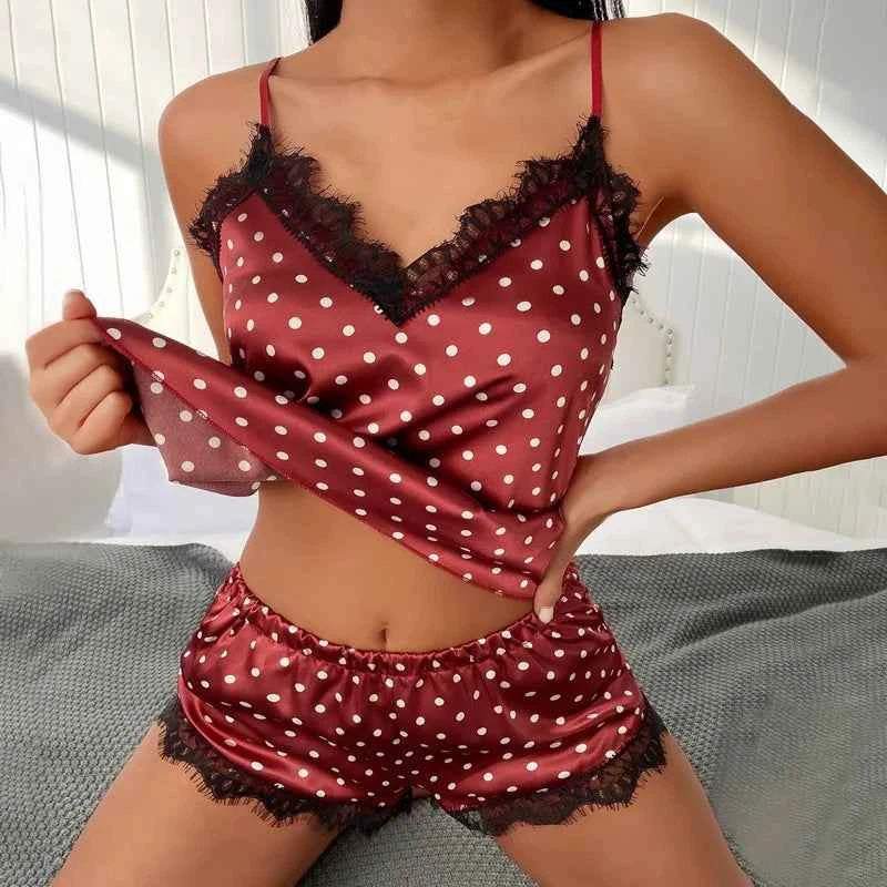 Elegant Dreams Women's Satin V-Neck Babydoll Lingerie Set with Lace & Bowknot - Stylish Sleep Shorts & Chic Sleepwear - The Genie Store