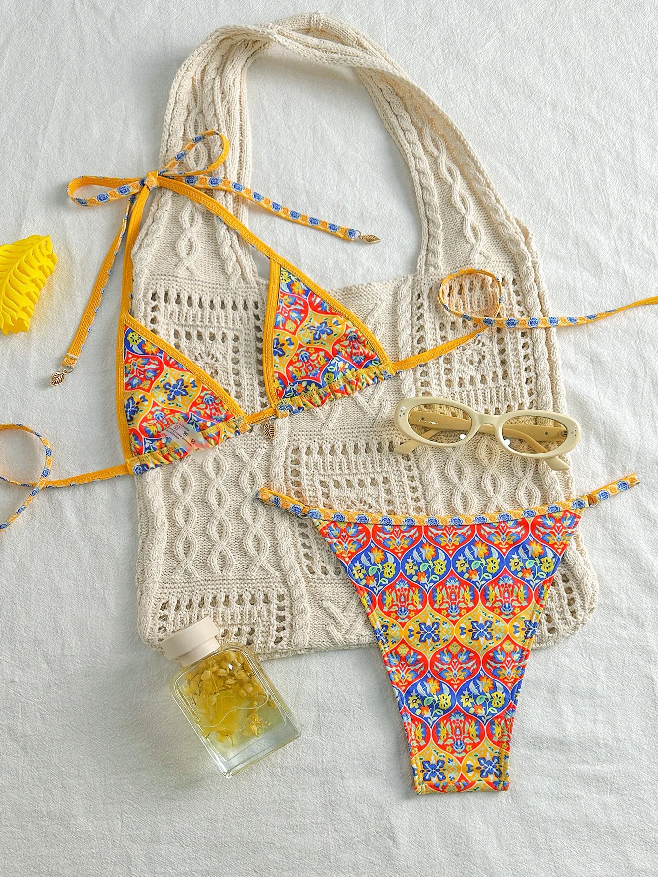 Women Yellow Bikini Set Retro Print 2 Piece Swimsuit 2025 New Triangle Halter Backless Thong Beach Swimwear Bathing Suit - The Genie Store