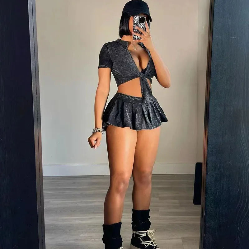 Streetwear Party Club Co Ord Sets for Women 2 Piece Set Outfit Summer Lace-up Crop Top and Mini Skirt Sets Conjuntos Para Vestir - The Genie Store