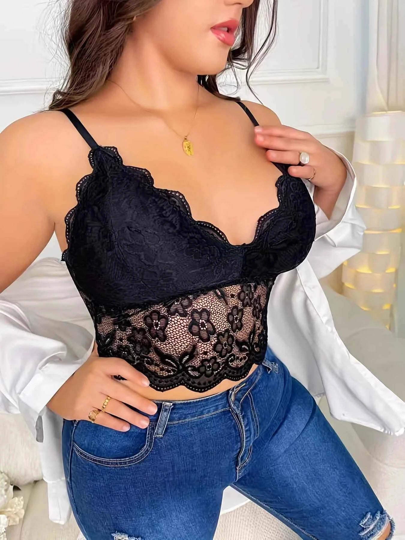 Sexy Plus Size Bra Lingerie Women's V-Neck Lace Floral Embroidery Longline High Stretch Elegant Vest Feminino - The Genie Store
