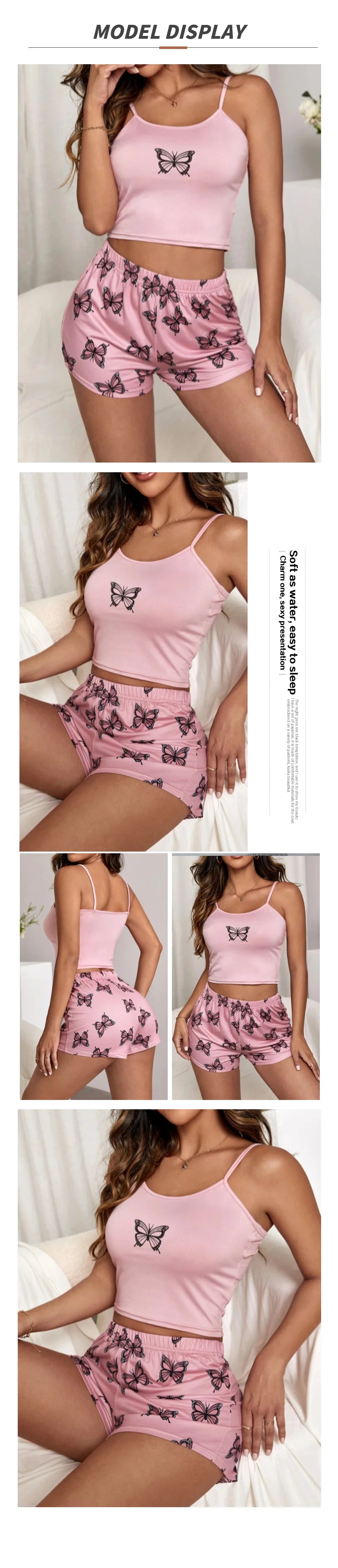 Two Pieces Summer Sexy Pajamas Butterfly Print Cami Pajamas Set Fashion Sexy Home Ladies Underwear Vest Shorts Pijamas - The Genie Store