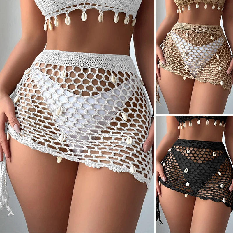 Sexy Women Mesh Bikini Cover Up Hollow Out Crochet Cover Up Triangle Shawl Wrap Scarf Sarong Fishnet Skirt For Beach Vacation - The Genie Store