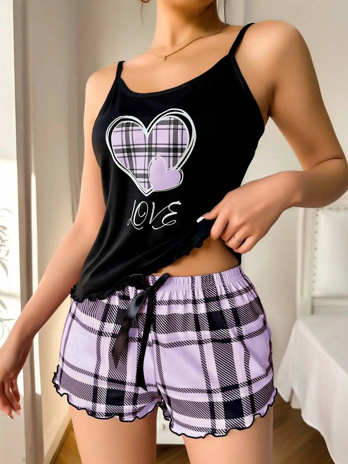 Women Sexy Suspender Shorts Thin Pajamas Letter Print Plaid Shorts Large Pajamas Romantic Home Wear Sexy Nightwear Short Pajama - The Genie Store