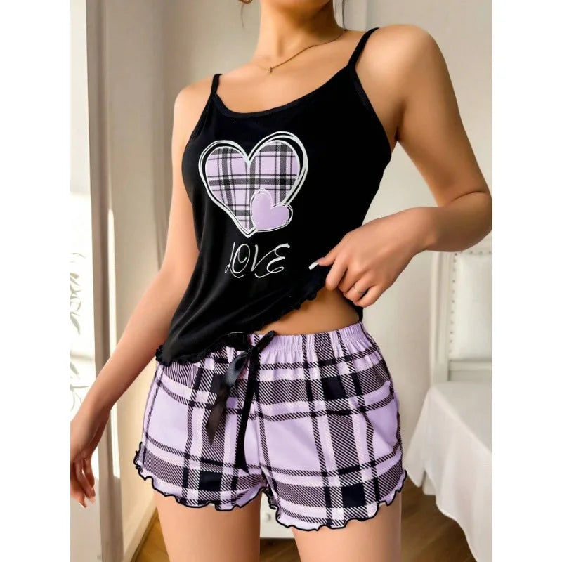 Women Sexy Suspender Shorts Thin Pajamas Letter Print Plaid Shorts Large Pajamas Romantic Home Wear Sexy Nightwear Short Pajama - The Genie Store