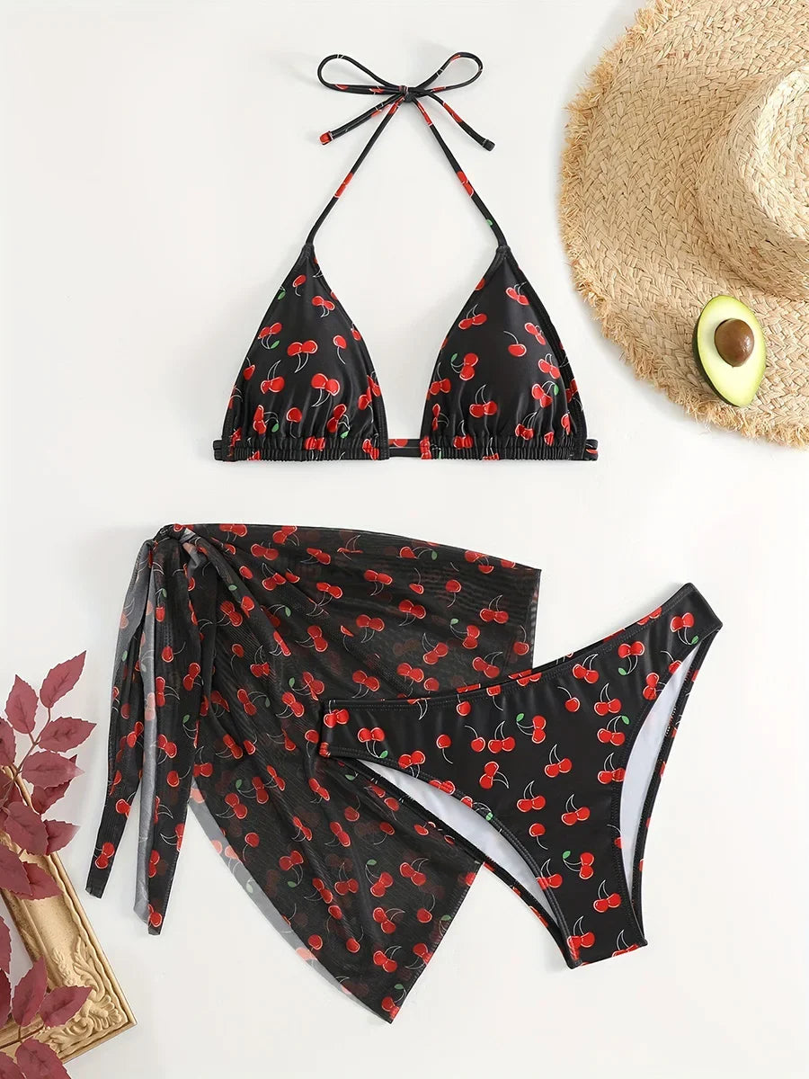 With Mesh Sarong Skirt Cherry Printed Bikini Female Swimsuit Women Swimwear Three Pieces Bikini Set Bathing Suit Swim Beachwear - The Genie Store