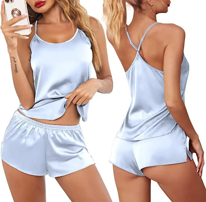 Women's Sleepwear Sexy Lace Satin Pajama Sets Nightwear Sleeveless Tops+Shorts 2 Pcs Sets Pyjama Sets For Women Pijama - The Genie Store
